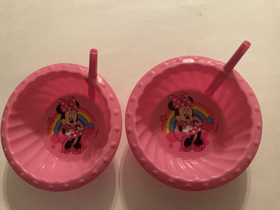 2 Disney sip bowls Minnie Mouse straw cereals Zak design melamine pink