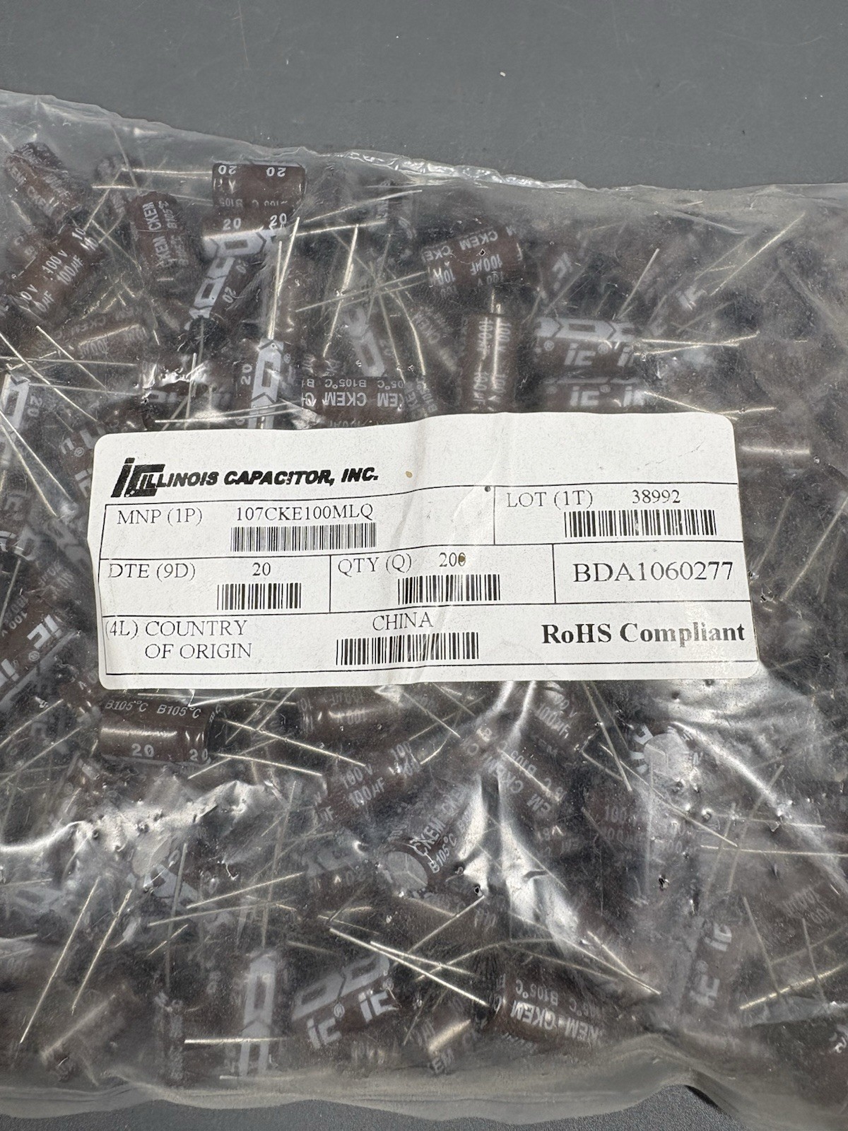 ILLINOIS Capacitor 107CKE100MLQ Electrolytic 100uF 100V 20%  **NEW**  Qty.200