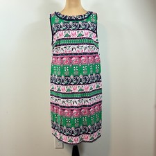 Talbots Women's 12 Sleeveless Shift Dress Pink Green Geometric Cotton Stretch