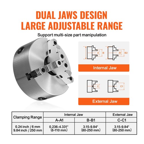 VEVOR 10'' 3-Jaw Lathe Chuck Self-Centering Lathe Chuck for Grinding Drilling - Foto 4 di 12
