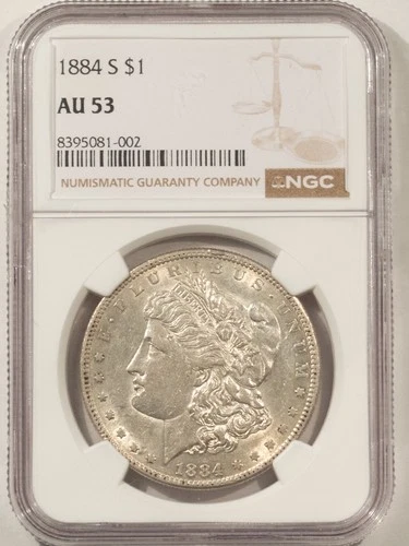 1884-S $1 MORGAN DOLLAR - NGC AU-53, FLASHY!