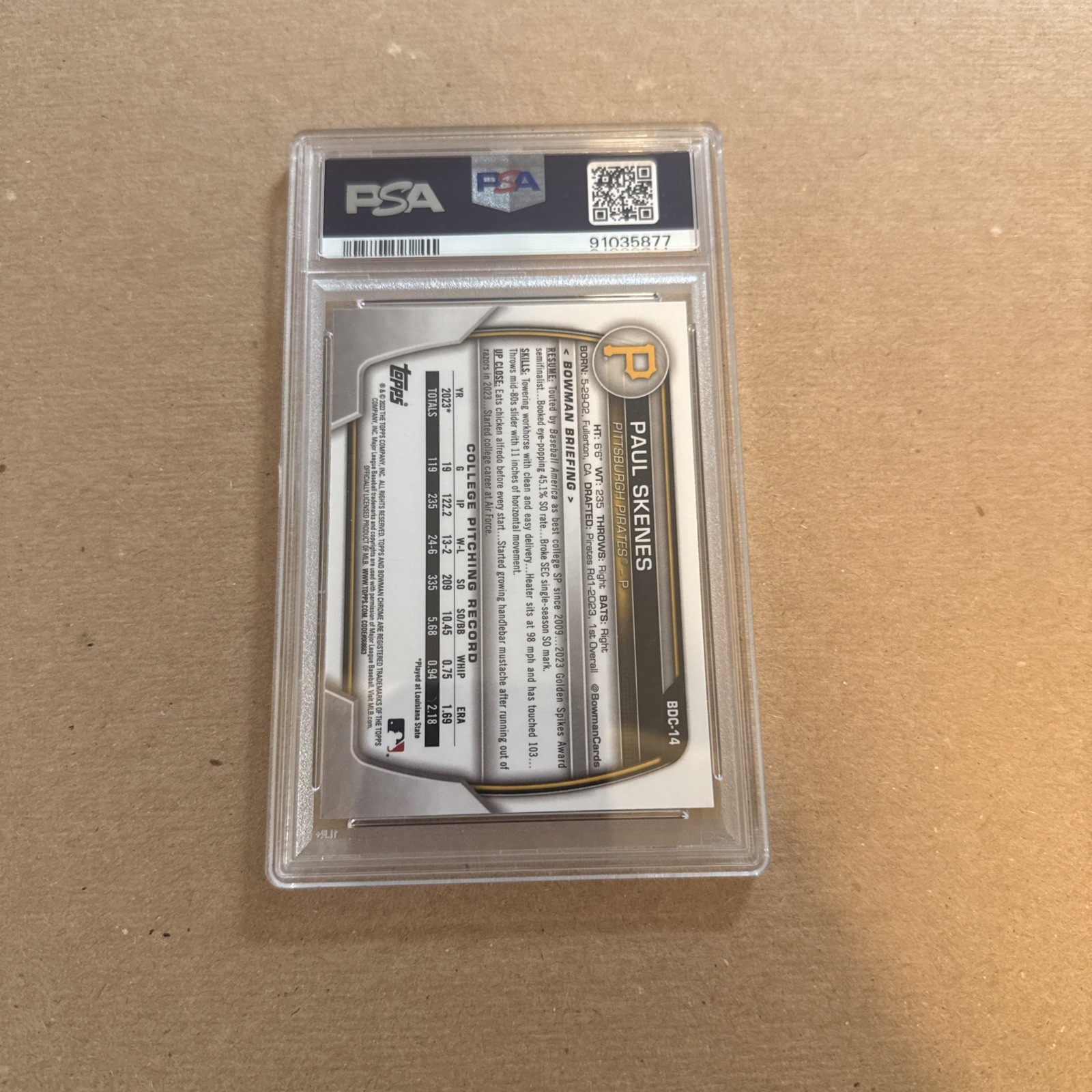 2023 Bowman Draft Chrome 1st Bowman Paul Skenes #BDC-14 PSA 8 view 2