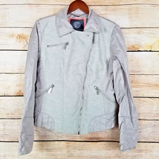 Vince Camuto Womens Sz M Moto Jacket Light Gray Asymmetrical Zip Quilted Detail