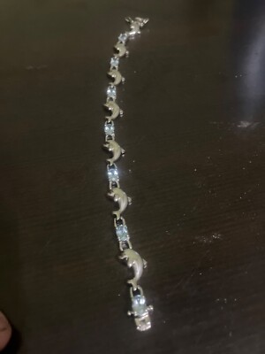 Blue Topaz Dolphin Design Bracelet, SS925 7.5in