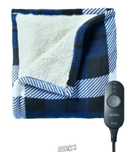 Sunbeam Electric Heated Sherpa Plush Warming Throw Blanket Blue Tartan Plaid - 第 1/2 張圖片