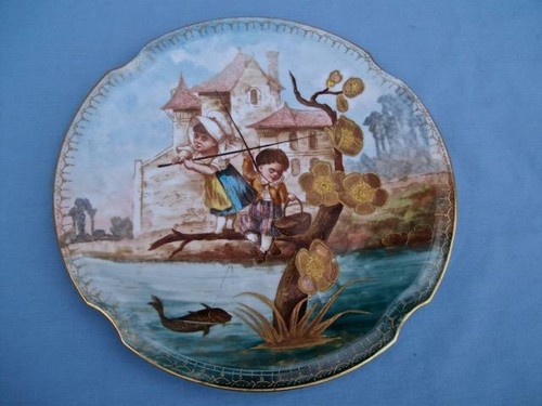 ANTIQUE LIMOGES "BOY & GIRL FISHING" PLATES ( LOT OF 6 ) HEAVY GOLD ACCENTS - Picture 2 of 10