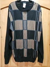 F/X Fusion Crew Pullover Sweater Acrylic Cotton Blend Black Plaid Large Tall men