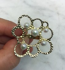 Vintage Designer Sterling Silver Vermeil Pearl Hammered Ring Size 7.75