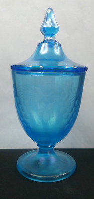 Stretch Glass, Fenton Art Glass, Celeste Blue, Candy Jar w/ Cutting, 1920s, ExCd