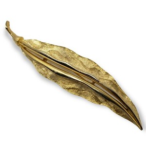 Authentic Vintage Pea Pod Dwarf Bean Brooch Gold Plated Leaf Pin 3"
