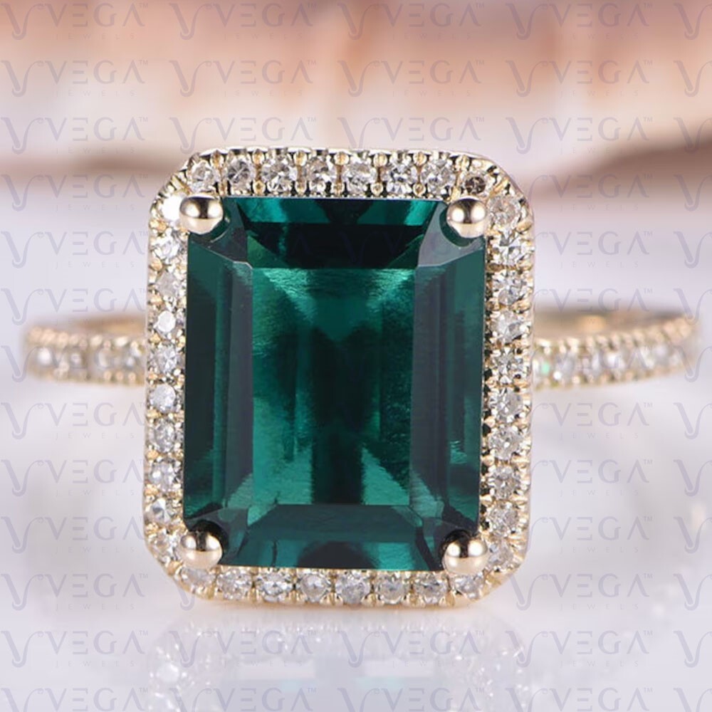 6.90Ct Emerald Shape Natural Emerald & Diamond 100% 14k SOLID