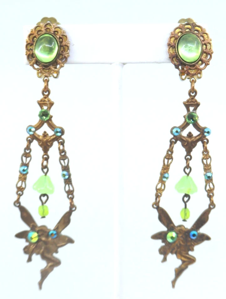 Pendientes Clip Latón 4" Largo Cristal Verde Lima Hada Fantasía Estilo Victoriano 4" Foto 4 de 4