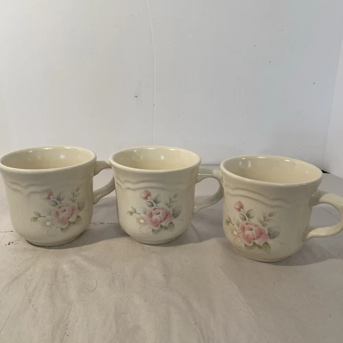 Set of 3 Pfaltzgraff "Tea Rose" Coffee Cups Mugs 3 1/8" Tall Pink Floral & Ivory