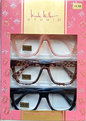 NICOLE MILLER STUDIO 3-PACK READING GLASSES READERS +2.50 NEW AUTHENTIC