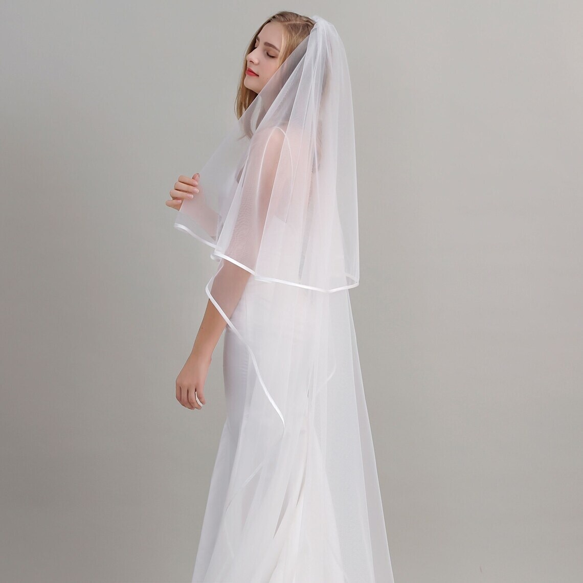 Bridal Veil 2 Layer blusher with satin ribbon edge bride  display picture 3