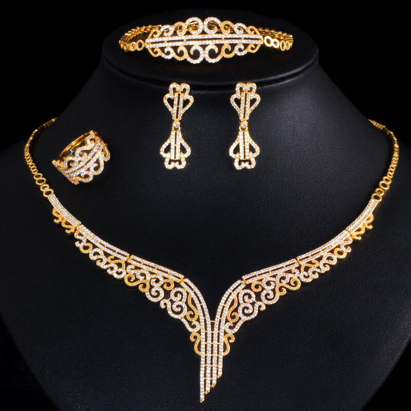 Luxury Dubai Gold CZ Bridal Wedding Necklace Bracelet Earrings Ring Jewelry Set