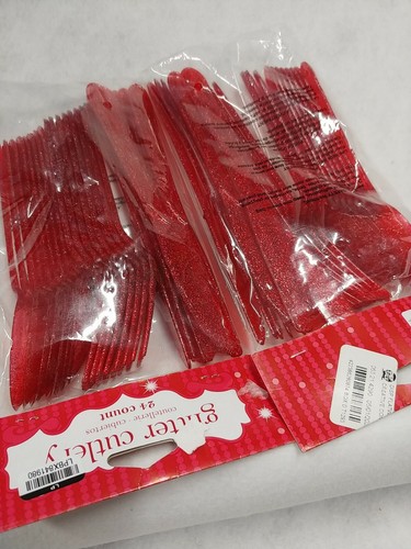2- Glitz Red Glitter Plastic Cutlery Assortment 24 Count - Picture 5 of 5
