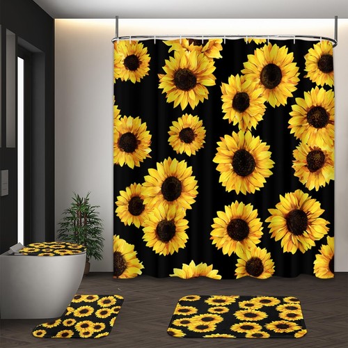 Set of 4 Sunflower Shower Curtain with Rugs Bathroom Accessories with 12 Hooks - Picture 4 of 7