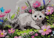 ACEO Mini *Art Print* White Fluffy Blue Eyed Baby Cat Kitten &Flowers - Saulite