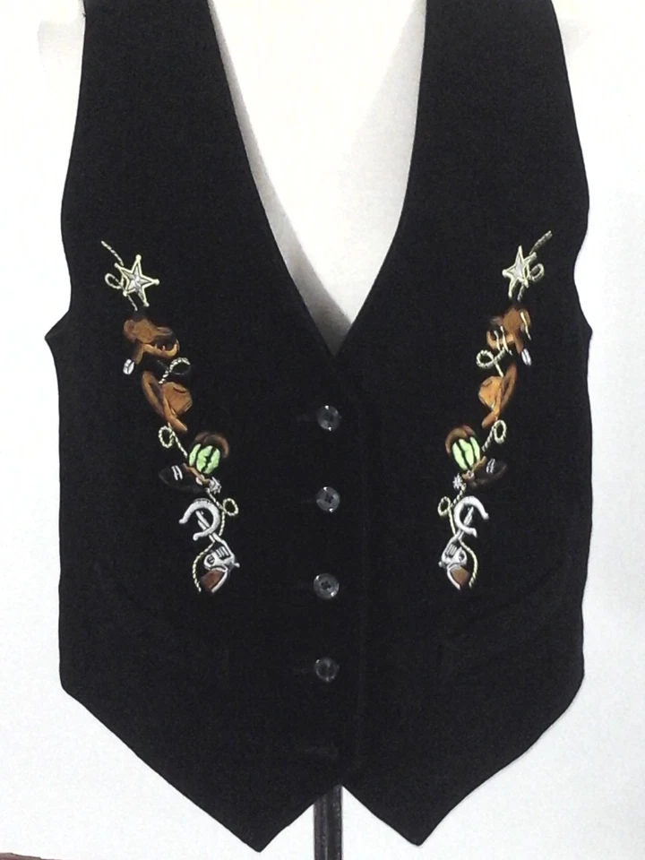 SCULLY Suede Vest Western Embroidered Black w Stars/Guns/Boots Women's 10 RARE - Image 2 of 4