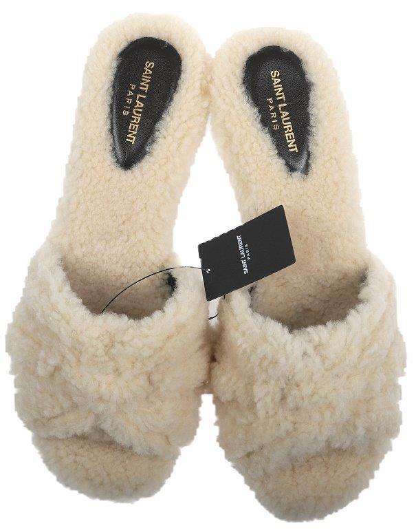 YSL SAINT LAURENT SHEARLING FUR TRIBUTE SANDALS HEELS SLIDES SHOES