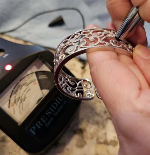 Sterling Silver (925 D) Open Scroll Hinged Cuff Bracelet With Diamonds (Tested) - Picture 18 of 19