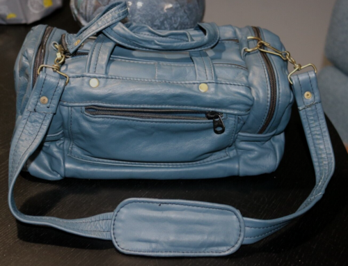 Vintage Blue Leather Shoulder Bag Camera Duffle Dopp Kit Bag