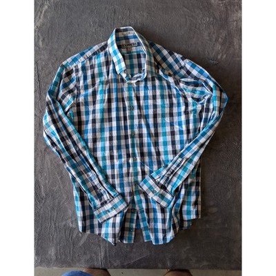 Express Fitted Mens XL Long Sleeve Plaid Button Down Shirt Blue Turquoise Black