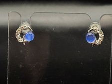 #0158 Blue Cabochon Moon Star Rhinestone Stud Earrings Silver Tone Celestial 1g
