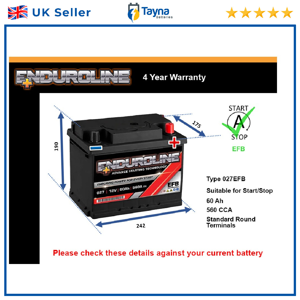 EFB Battery fits DS DS3 DS7 CROSSBACK DS4 DS3 CROSSBACK DS7 2015 on 027 EFB New