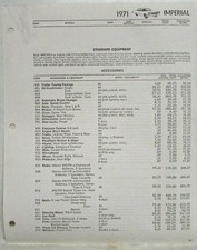 1971 Chrysler Imperial Factory Option Accessories Aftermarket Co Price Sheet