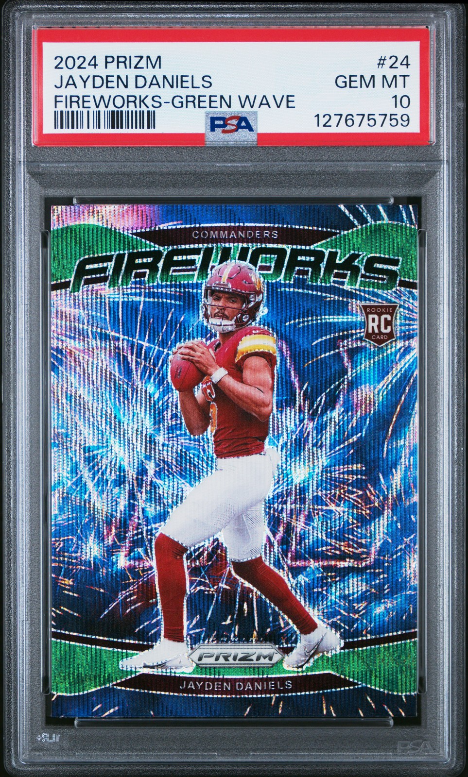 2024 PANINI PRIZM FIREWORKS GREEN WAVE #24 JAYDEN DANIELS ROOKIE RC PSA 10