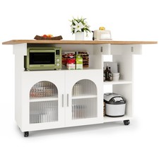 Kitchen Island w/ Drop Leaf, Glass Doors, Serving Trolley Storage Cabinet, White