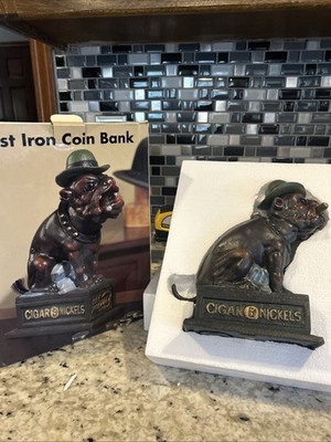 Ole Puffer Cast Iron Mechanical Coin Bank Bulldog Smoking Cigar Reproduction NOS