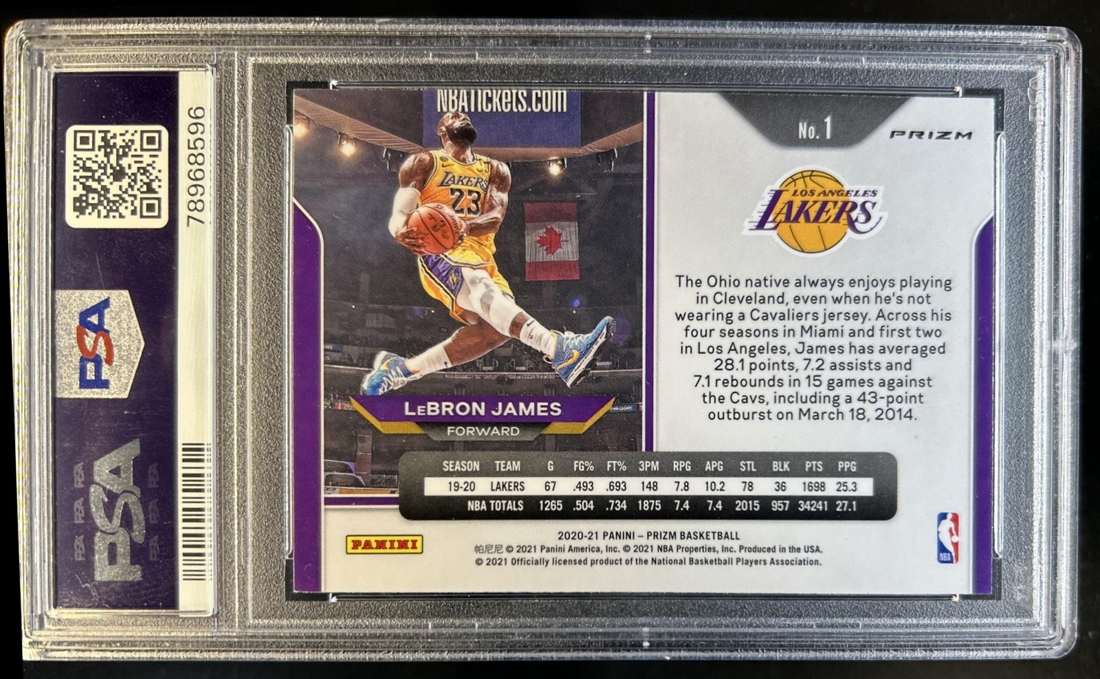 2020-21 Panini Prizm LeBron James Hyper Prizm #1 Lakers PSA 9 view 2