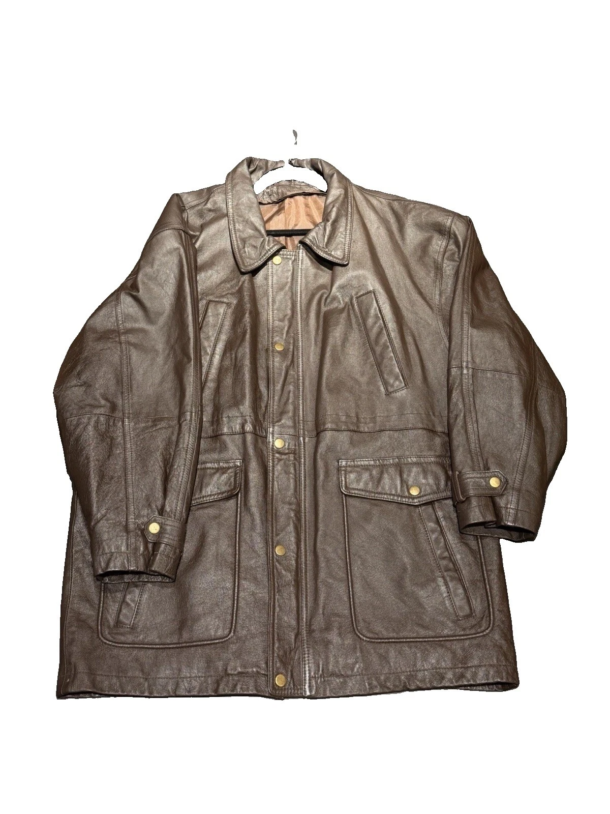 Men's Large Brown Real Leather Cinch Waist Field Jacket Zip and Button Front - product detail image 1