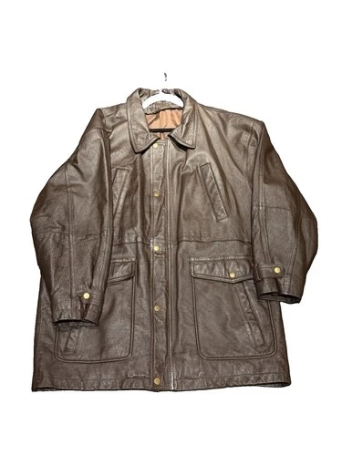 Men's Large Brown Real Leather Cinch Waist Field Jacket Zip and Button Front video thumbnail