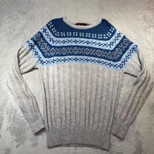 Vintage Nordic Fair Isle Ribbed Light Crewneck Sweater Blue Tan 80s Retro Large