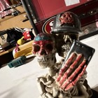 Skull Skeleton Figurine on Black Base w/ Baseball Cap Skull Hat & American Flag — photo 4