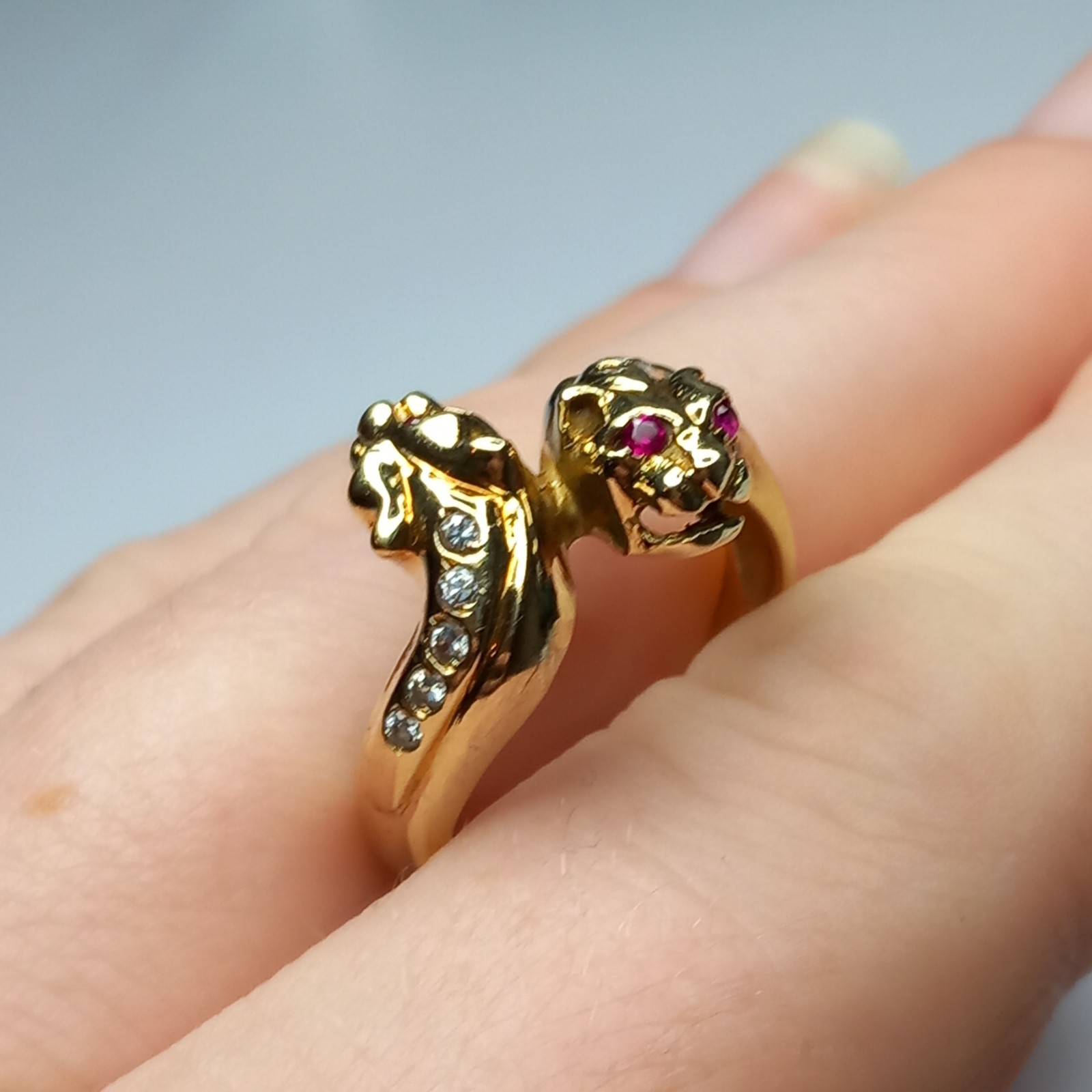 9CT YELLOW GOLD RUBY DOUBLE PANTHER LEOPARD HEAD … - image 10
