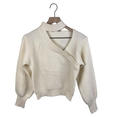 NEW Lulus Trendy Forecast Ivory Pointelle Knit Mock Neck Cutout Sweater Small