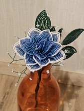  NEW Handmade french beaded Flower rose tri tone Blue Periwinkle White