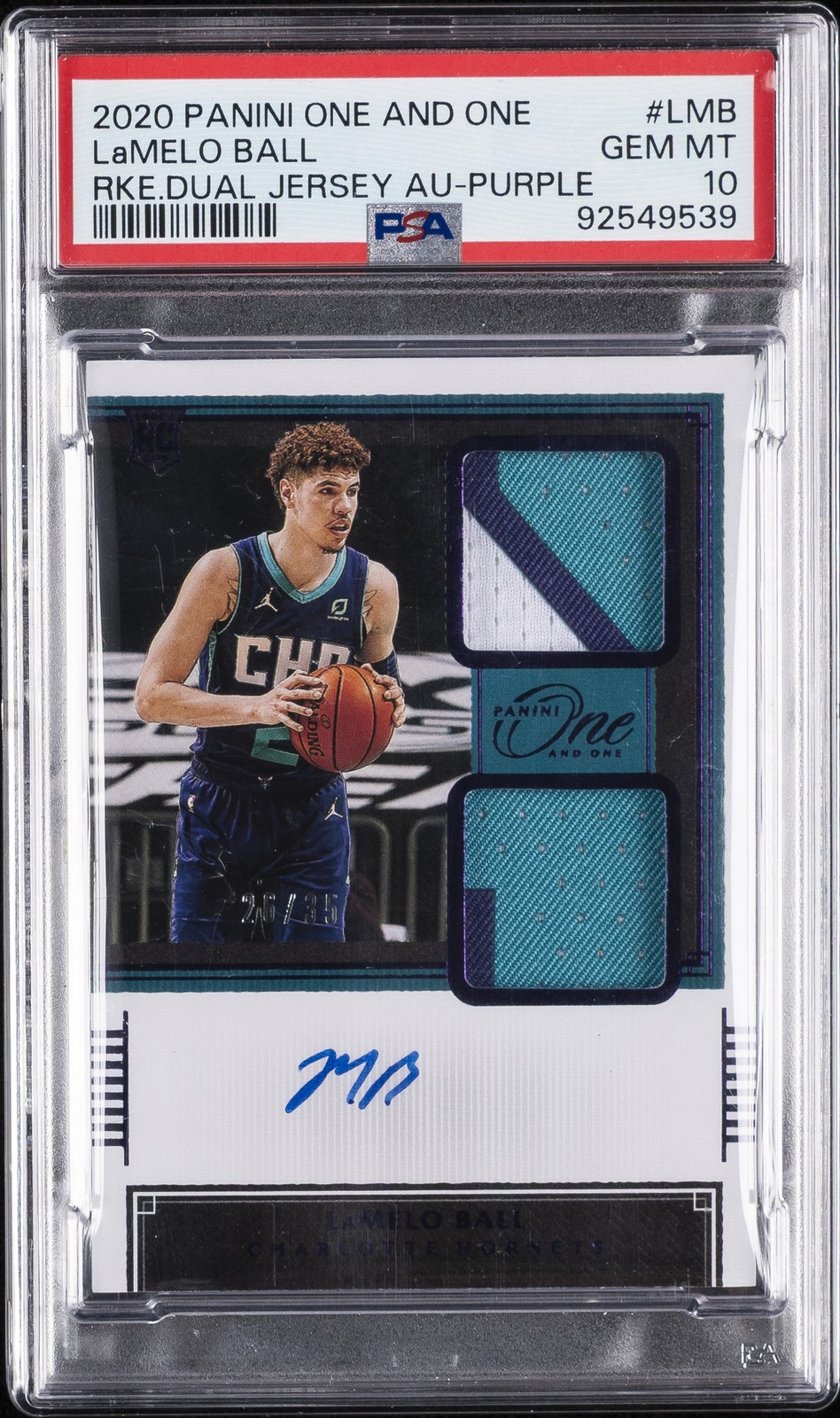 2020 PANINI ONE & ONE ROOKIE DUAL JERSEY AUTOS LAMELO BALL 26/35 PSA 10 AUTO