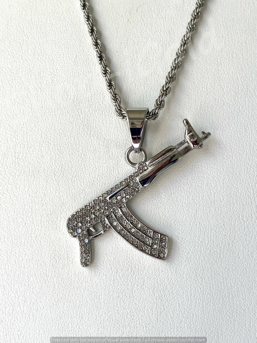 Men s Women Silver AK 47 GUN Pistol Pendant Rope Chain Every Day wear no tarnish