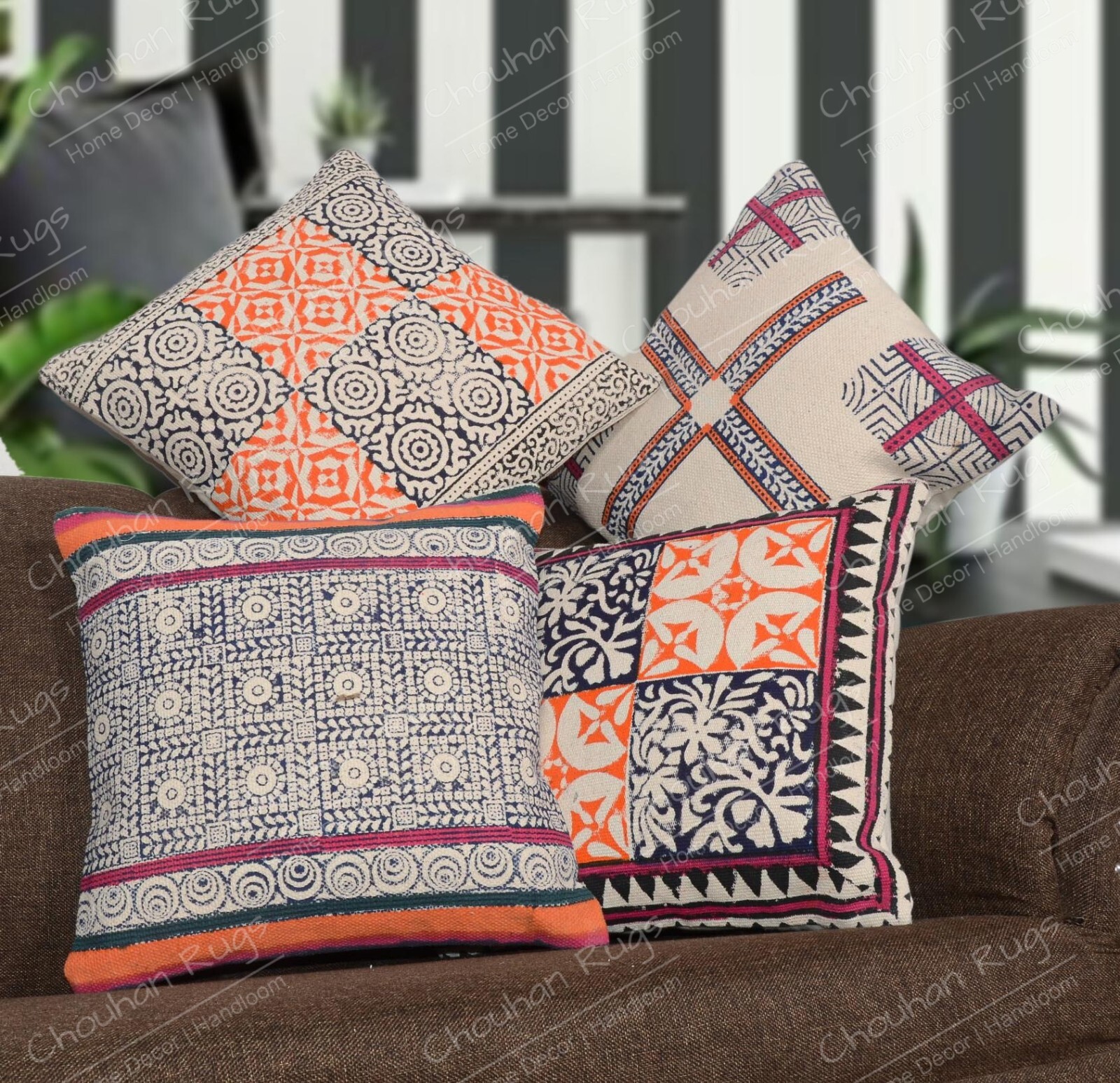 Vintage Multicolor Block Printed Cotton Pillow Covers 4-Pack for Sofa Decor