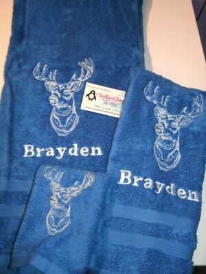 Buck Deer Head Outline Personalized 3 Piece Bath Towel Set Any Color Choice 