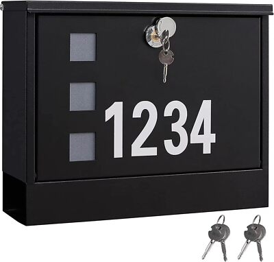 Locking Wall Mount Mailbox withThree Mailbox Number StickersLarge Capacity,Black