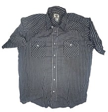 Plains Western Wear Shirt Mens Large Blue Plaid Short Sleeve Pearl Snap Button