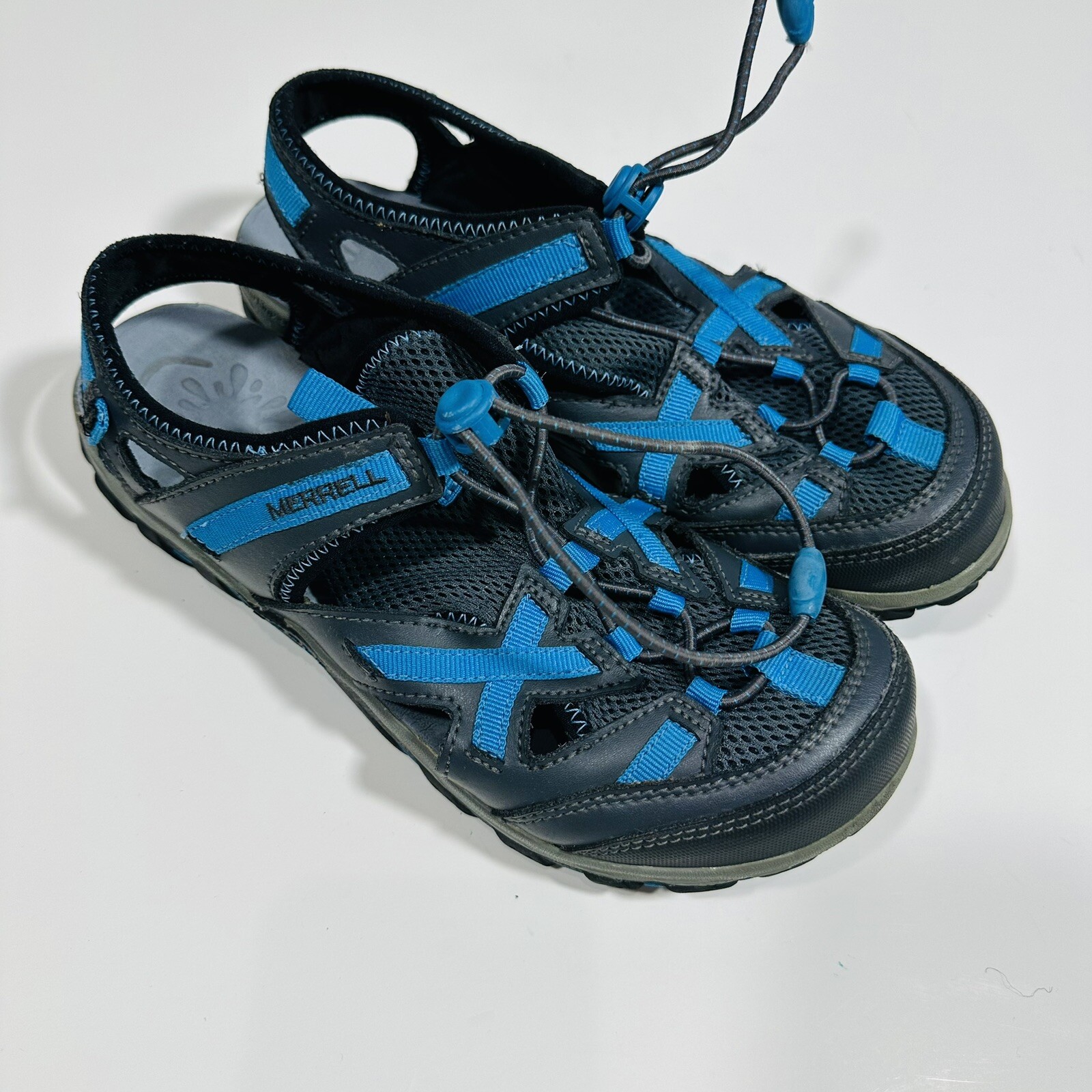 Scarpe da acqua Merrell sandali punta chiusa bambini ragazzi blu nero taglia 5 euc x2
