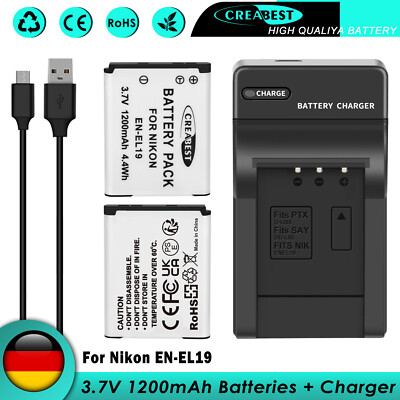 2× EN-EL19 Akku +Ladegerät Für Nikon Coolpix S2900 S3100 S3200 S3300 S3500 S7000